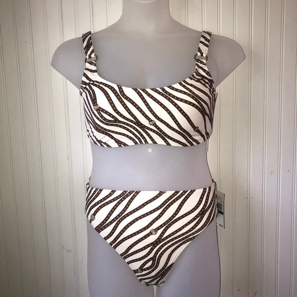 MICHAEL KORS Retail $142 Bone Logo Print Ring High Waist 2 Piece Bikini Size L - Picture 1 of 4
